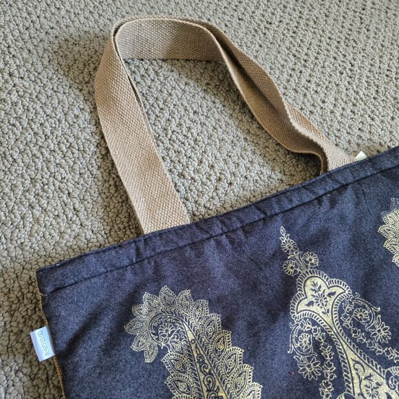 Brand New Indian Denim Jute Bag with gold Pattern, Made in India - Picture 3 of 8